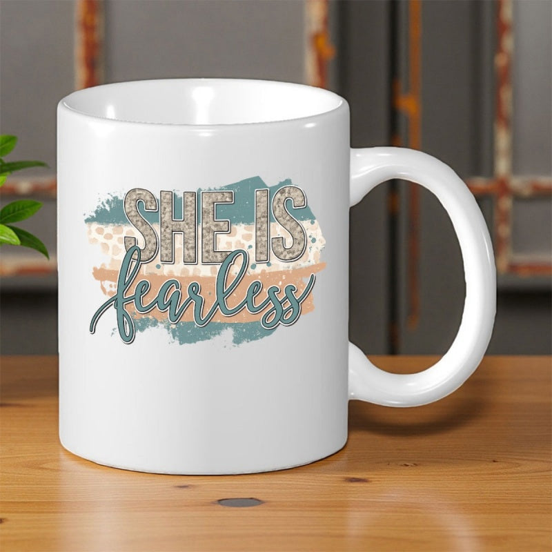 Tailorly White Ceramic 11 oz Mug - She Is Fearless Decorative Leopard Print Script With Textured Brushstroke Backdrop Mug