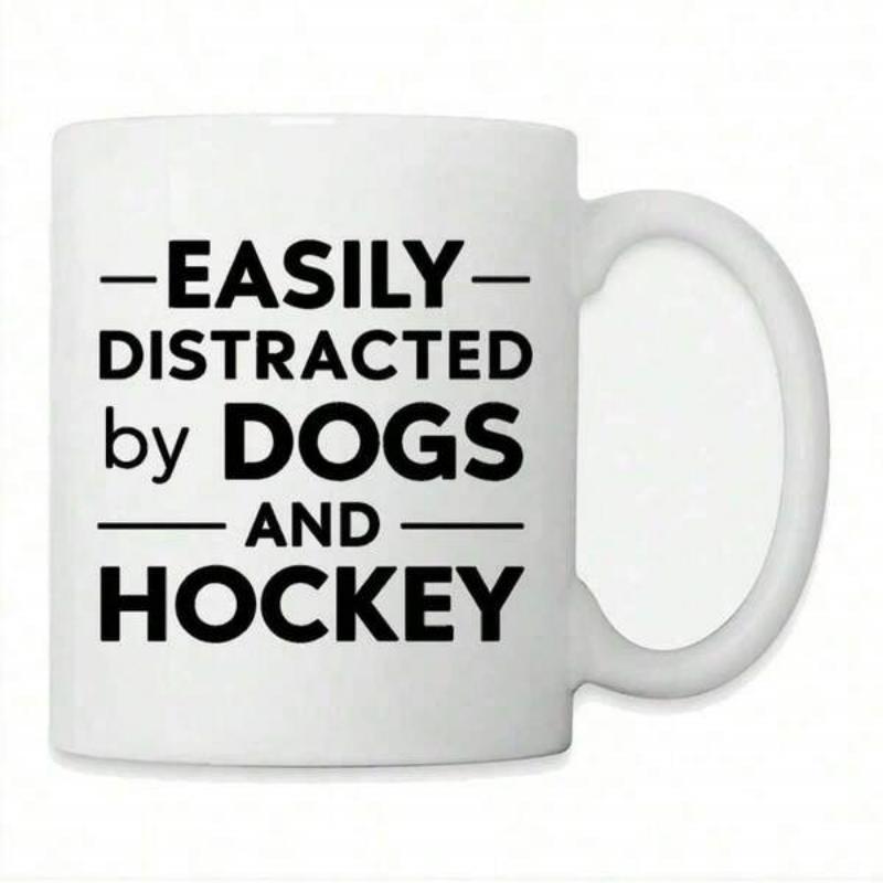 Tailorly White Ceramic 11 oz Mug - Easily Distracted By Dogs And Hockey Bold Black Typography Centered Between Symmetrical Horizontal Lines Graphic Style Sign