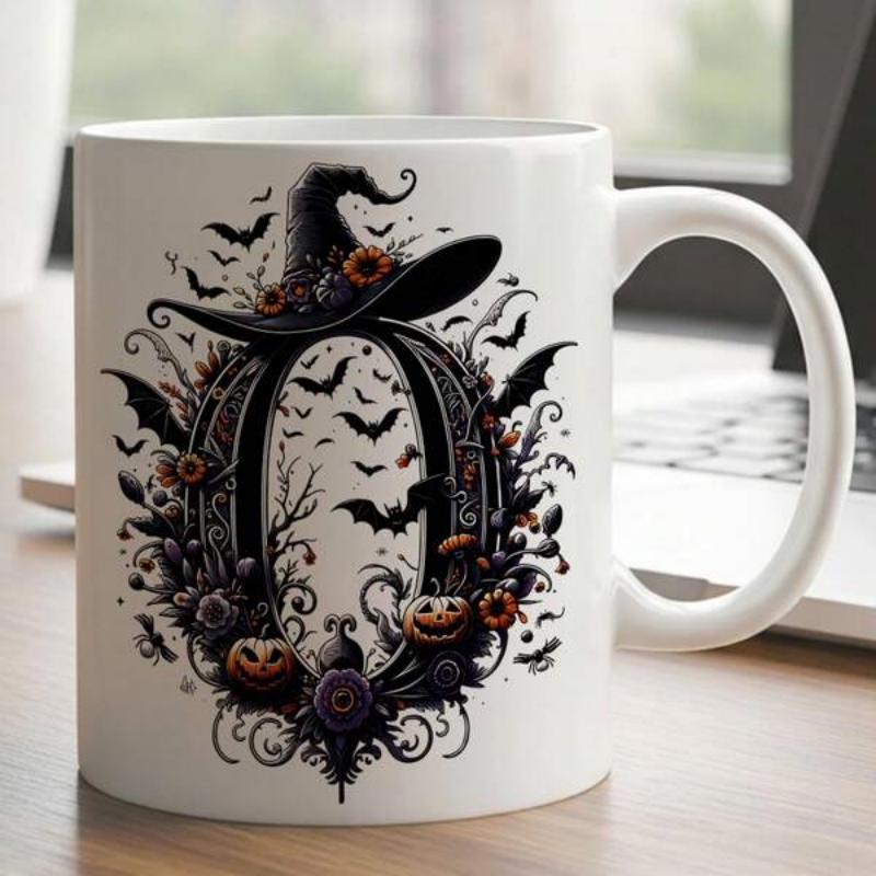 Tailorly White Ceramic 11 oz Mug - Spooky Halloween Theme With Flying Bats And Carved Pumpkins Surrounding Ornamented Letter