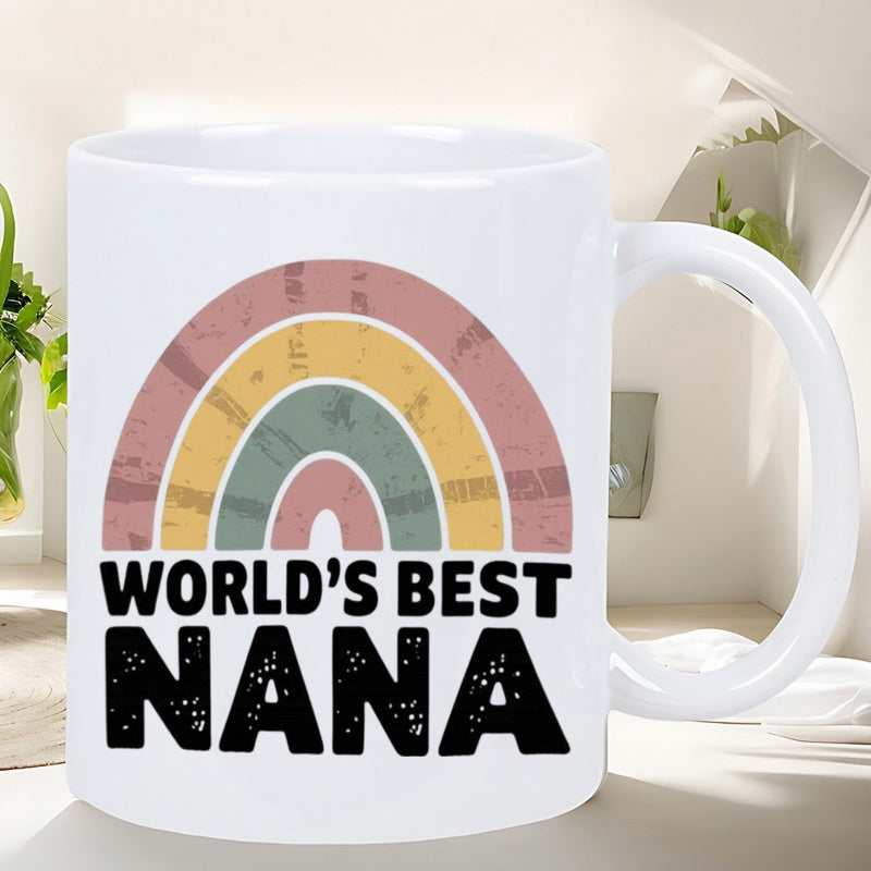 Tailorly White Ceramic 11 oz Mug - Worlds Best Nana Muted Retro Bohemian Colors With Distressed Texture Floating Above Bold Text Rainbow
