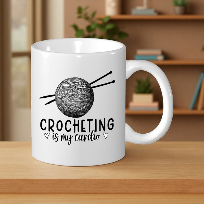 Tailorly White Ceramic 11 oz Mug - Crocheting Is My Cardio Artistic Minimalist Metal Wire Style With Knitting Needles Through Textured Yarn