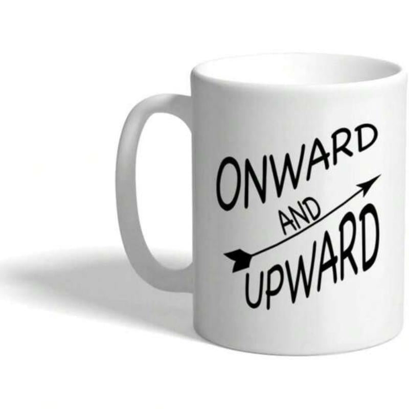 Tailorly White Ceramic 11 oz Mug - Onward And Upward Minimalist Black Line Art Pointing Diagonally Towards The Open Sky Arrow