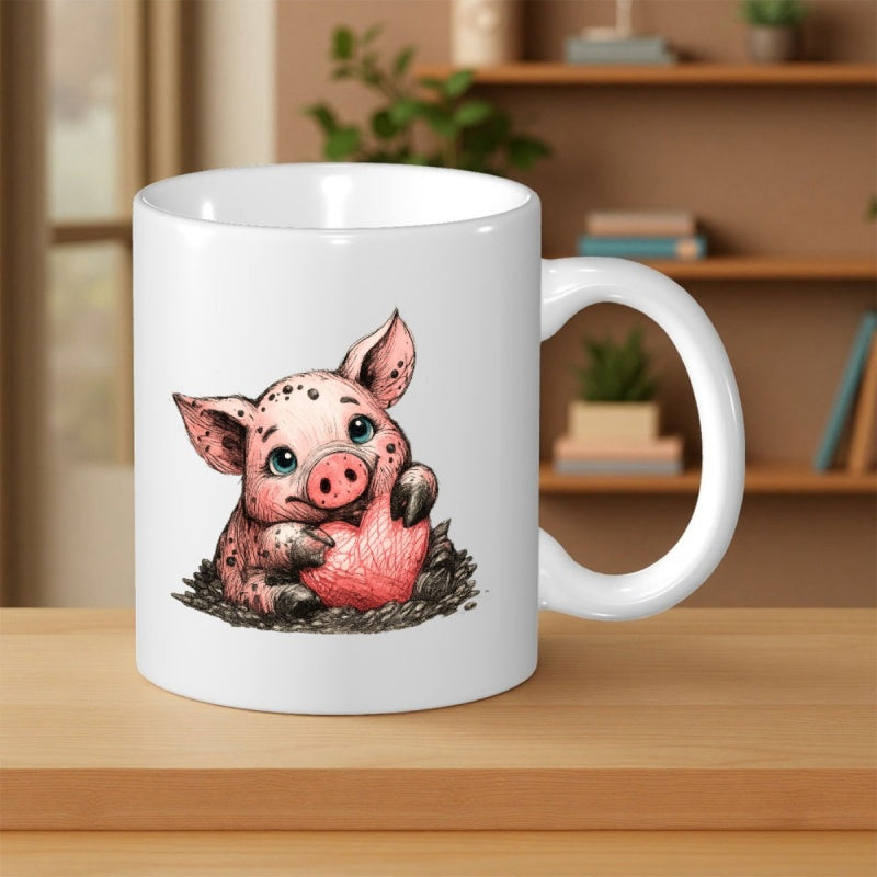 Tailorly White Ceramic 11 oz Mug - Adorable Small Pink Spotted Animal Holding A Heart Shaped Soft Piglet