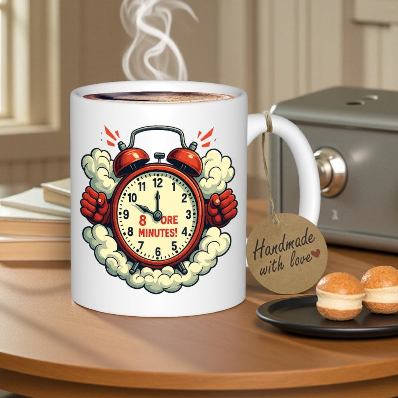Tailorly White Ceramic 11 oz Mug - 8 More Minutes Vibrant Red Cartoon Style Alarm Clock Surrounded By Fluffy Clouds Clock