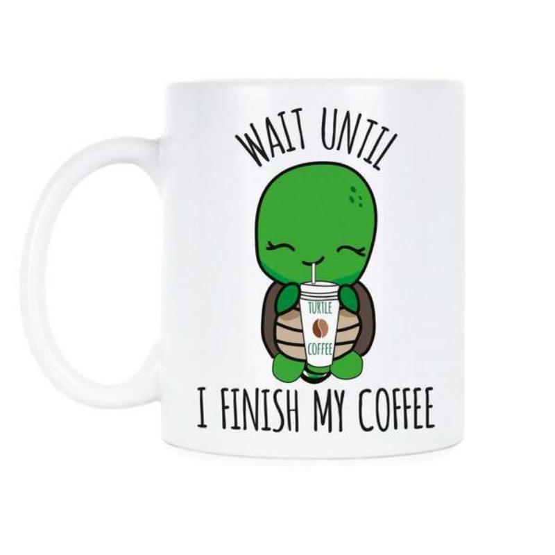 Tailorly White Ceramic 11 oz Mug - Wait Until I Finish My Coffee Adorable Small Green Sea Creature Sipping A Refreshing Morning Drink Cute Turtle
