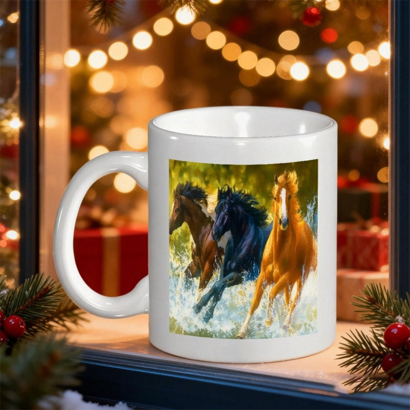 Tailorly White Ceramic 11 oz Mug - Majestic Wild Stallions Galloping Through Splashing Water In Golden Sunlight Horse