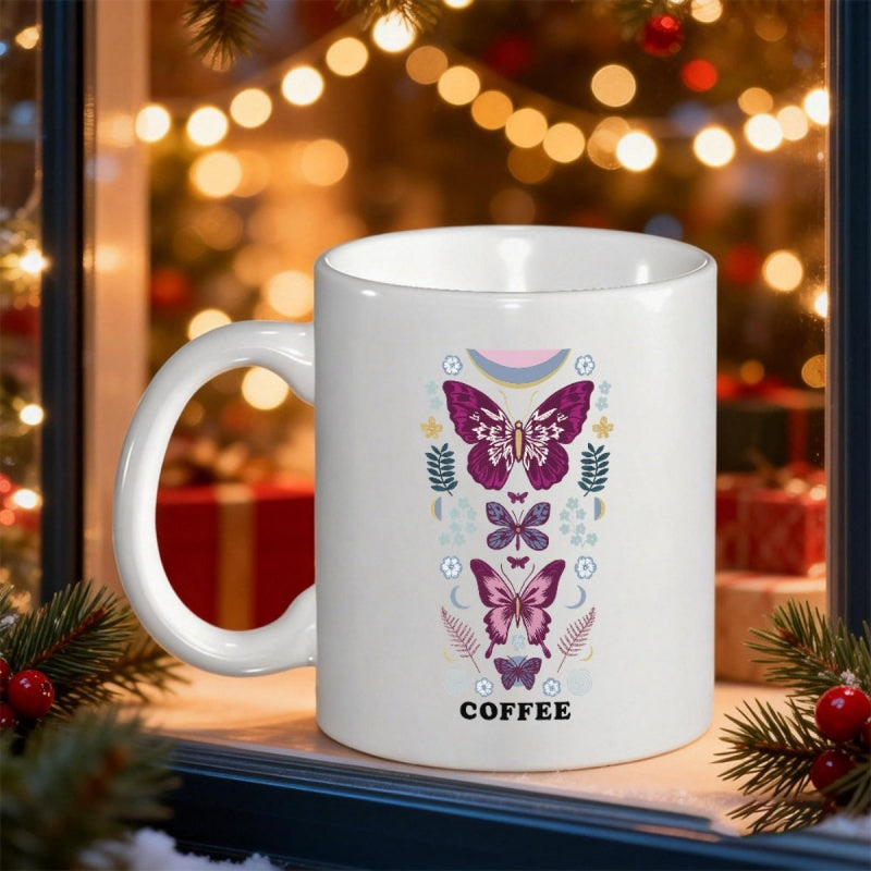 Tailorly White Ceramic 11 oz Mug - Coffee Vibrant Purple And Pink Insects Dancing Among Delicate Abstract Floral Ornaments Butterfly