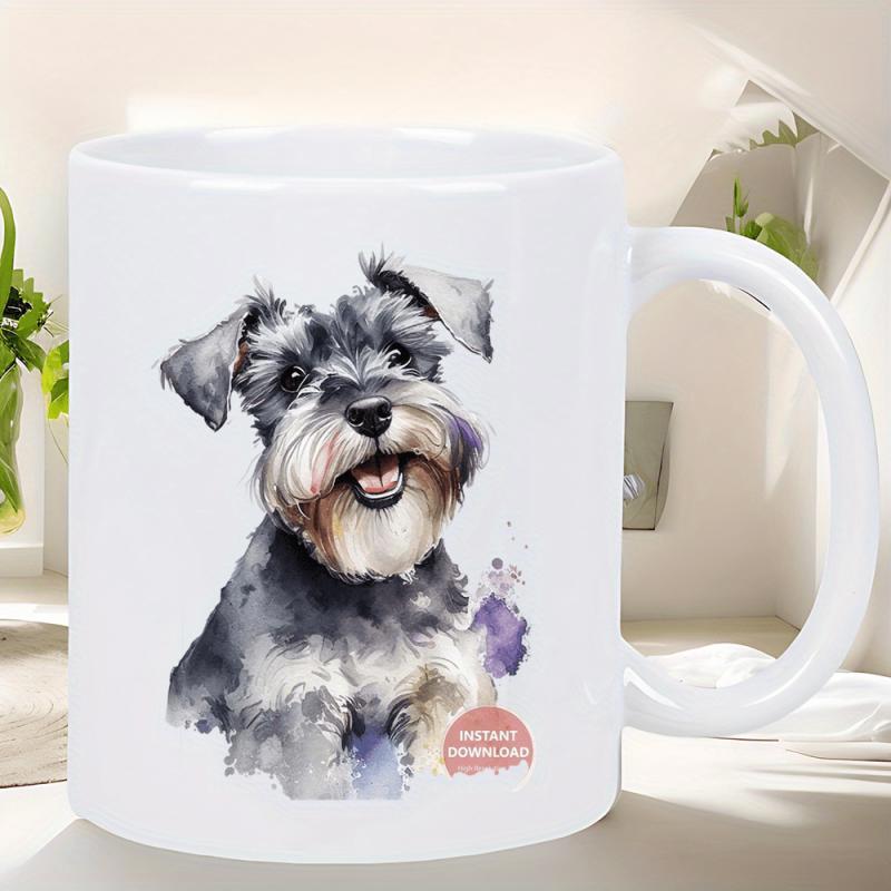Tailorly White Ceramic 11 oz Mug - Hand Painted Artistic Watercolor Portrait Of A Happy Fluffy Miniature Schnauzer