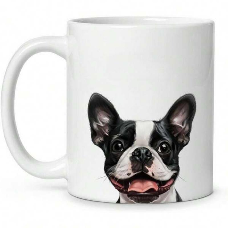 Tailorly White Ceramic 11 oz Mug - Adorable Hand Painted Portrait Of A Happy Peeking Boston Terrier Dog