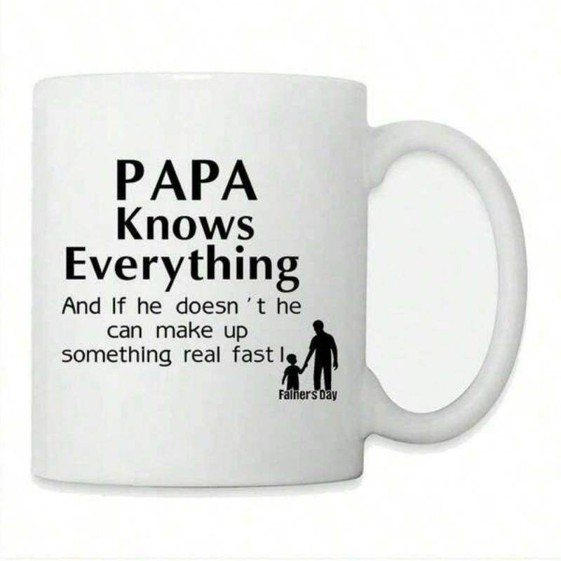 Tailorly White Ceramic 11 oz Mug - Papa Knows Everything And If He Doesn't He Can Make Up Something Real Fast Father's Day Minimalist Black Silhouette Featuring A