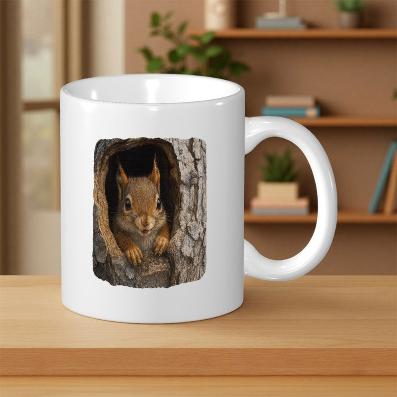 Tailorly White Ceramic 11 oz Mug - Adorable Realistic Brown Forest Animal Peeking Out From A Tree Hollow Squirrel