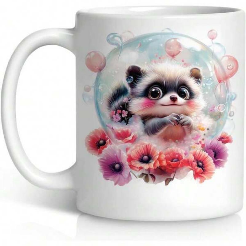 Tailorly White Ceramic 11 oz Mug - Adorable Fluffy Character Nestled Among Blooming Flowers Within A Clear Glistening Bubble Raccoon