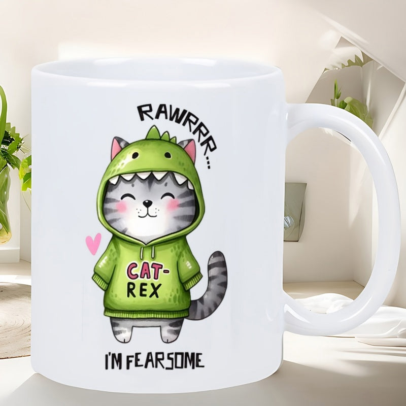 Tailorly White Ceramic 11 oz Mug - Rawrrr Cat Rex Im Fearsome Adorable Cartoon Kitten Wearing A Green Dinosaur Costume Among Playful Pink Heart Cat