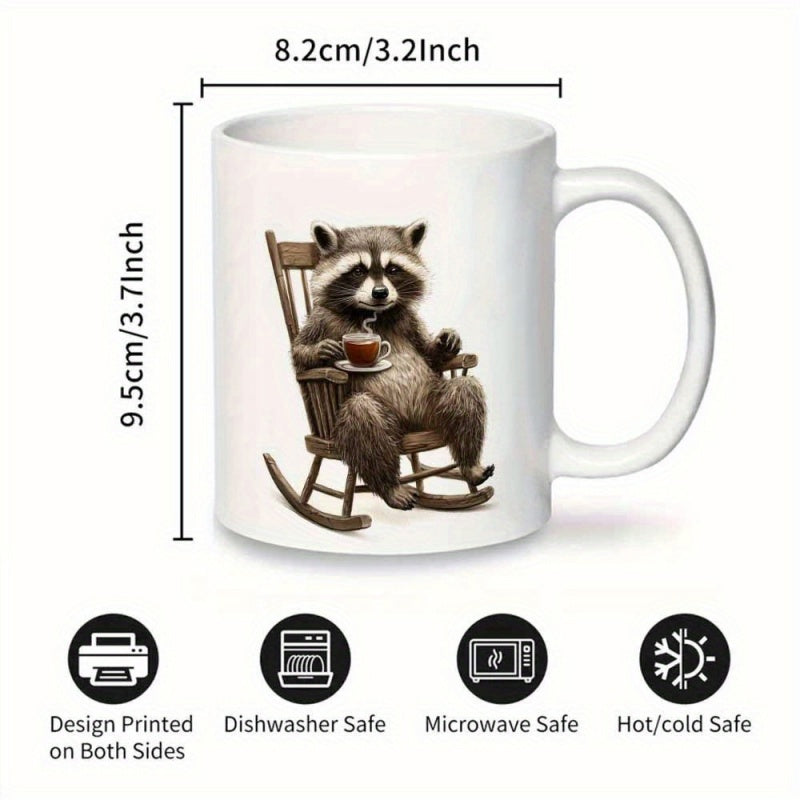 Tailorly White Ceramic 11 oz Mug - Whimsical Forest Creature Relaxing On Wooden Rocker Sipping Hot Morning Coffee Raccoon