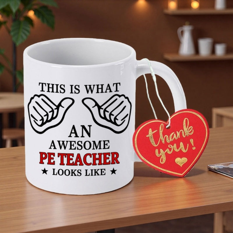 Tailorly White Ceramic 11 oz Mug - This Is What An Awesome PE Teacher Looks Like Two Hand Drawn Thumbs Pointing Towards Center Text Among Tiny Stars Mug