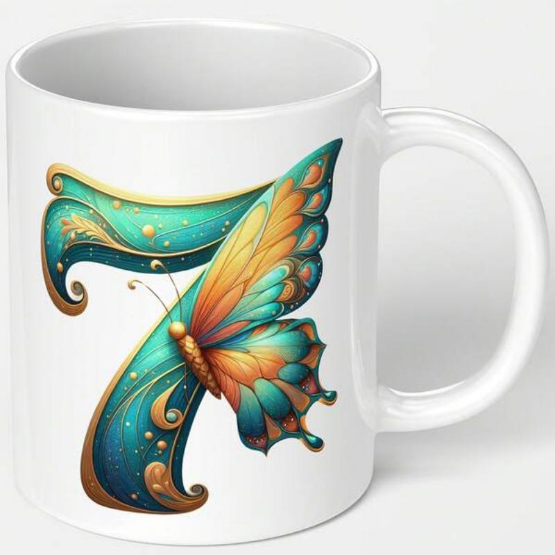 Tailorly White Ceramic 11 oz Mug - Artistic Teal And Golden Butterfly Wing Forming A Stylized Number Seven Butterfly