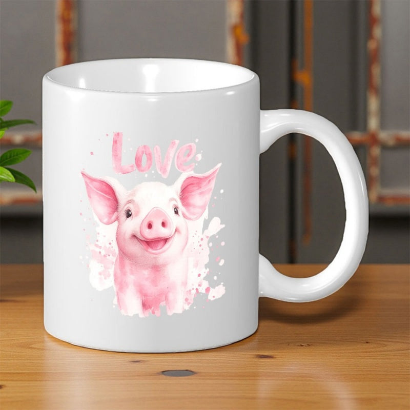 Tailorly White Ceramic 11 oz Mug - Love Adorable Pink Watercolor Baby Pig With Large Ears And Happy Smile Pig