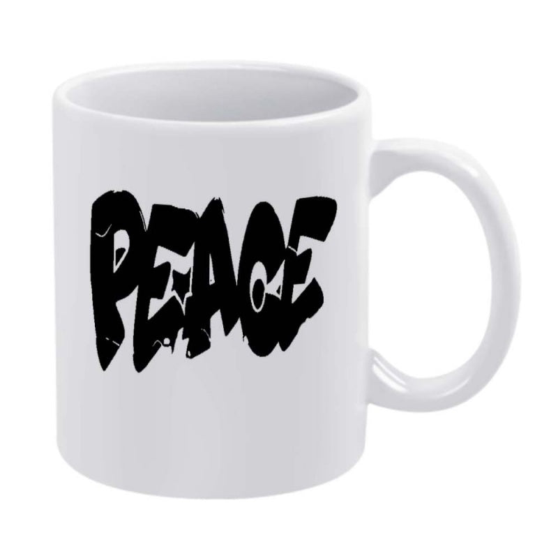 Tailorly White Ceramic 11 oz Mug - Peace Artistic Bold Black Graffiti Style Printed On Minimalist
