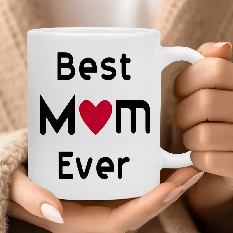 Tailorly White Ceramic 11 oz Mug - Best Mom Ever White Ceramic Vessel Featuring A Red Heart Design Among Text Mug