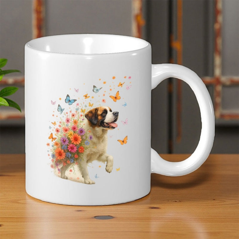 Tailorly White Ceramic 11 oz Mug - Gentle Saint Bernard Walking With Colorful Flowers And Fluttering Butterflies Dog