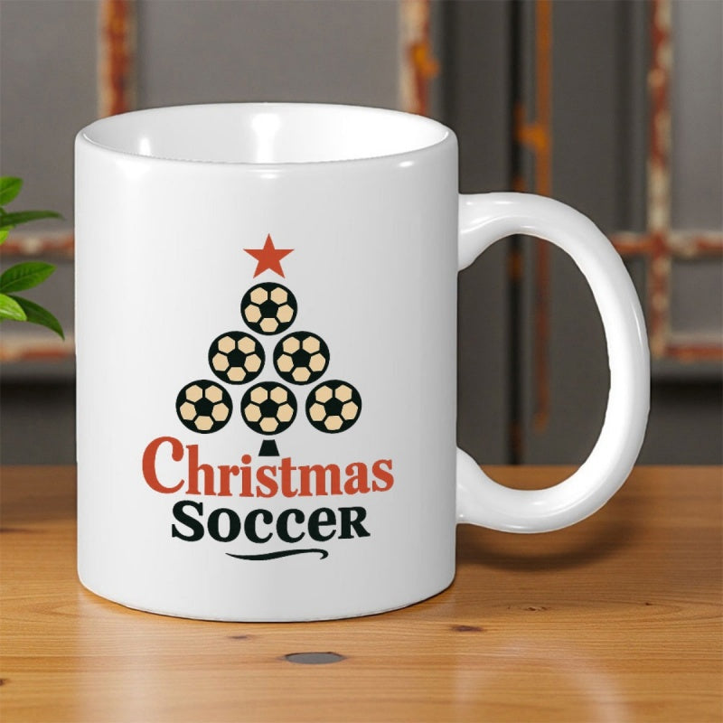 Tailorly White Ceramic 11 oz Mug - Christmas Soccer Unique Festive Soccer Balls Arranged In A Holiday Shape Pattern Tree