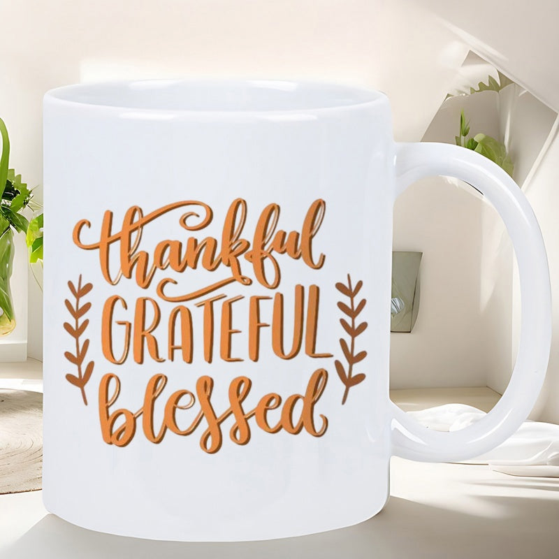 Tailorly White Ceramic 11 oz Mug - Thankful Grateful Blessed Rustic Orange Calligraphy Featuring Delicate Leaf Branches On