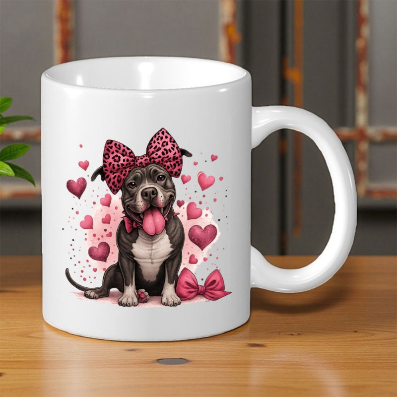 Tailorly White Ceramic 11 oz Mug - Adorable Pink Hearts And Leopard Bow Decorated Sitting Dog Pitbull