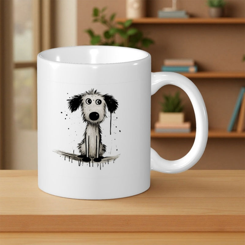Tailorly White Ceramic 11 oz Mug - Scruffy Hand Drawn Ink Splatter Style With Big Eyes Sitting Dog