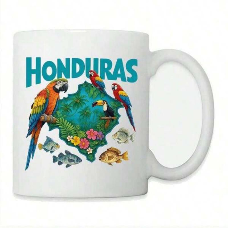 Tailorly White Ceramic 11 oz Mug - Honduras Vibrant Tropical Birds And Exotic Fish Around A Lush Green Map Parrot