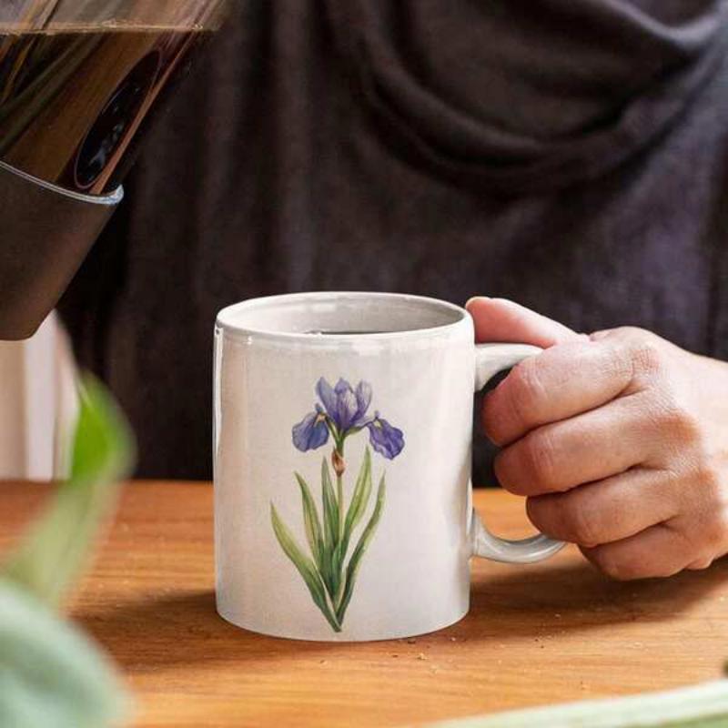 Tailorly White Ceramic 11 oz Mug - Elegant Purple Flower With Vibrant Green Leaves Graceful Iris