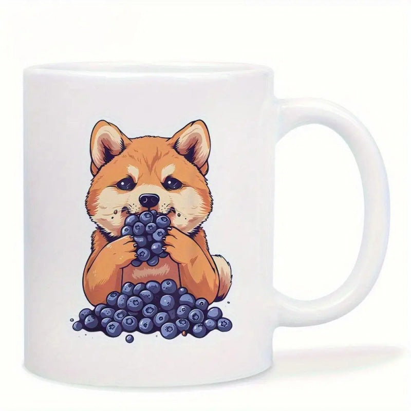 Tailorly White Ceramic 11 oz Mug - Cute Little Shiba Inu Puppy Eating Ripe Healthy Delicious Purple Blueberries Dog