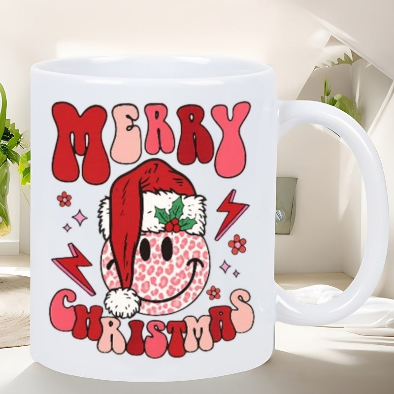 Tailorly White Ceramic 11 oz Mug - Merry Christmas Festive Leopard Pattern Smiley Wearing Red Santa Hat Among Groovy Lightning Face