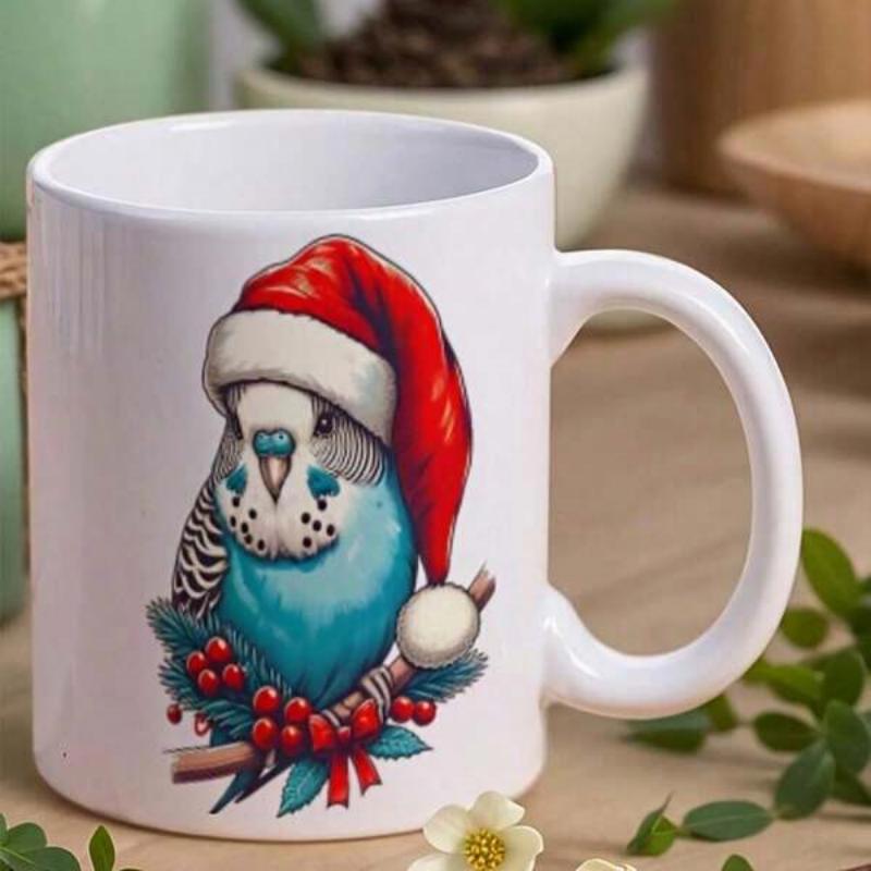Tailorly White Ceramic 11 oz Mug - Festive Blue Budgie Wearing Red Santa Hat Perched On Pine Branch Budgie