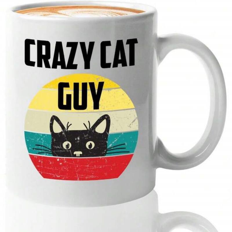Tailorly White Ceramic 11 oz Mug - Crazy Cat Guy Vintage Striped Circular Sunset Behind A Small Peeking Curious Cat