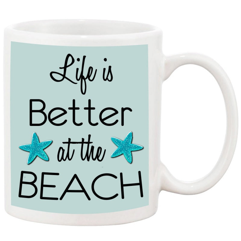 Tailorly White Ceramic 11 oz Mug - Life Is Better At The Beach Soft Blue Rectangular Panel Featuring Two Delicate Tropical Ocean Creatures Starfish