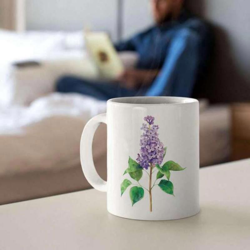 Tailorly White Ceramic 11 oz Mug - Beautiful Purple Lilac Blooming With Vibrant Green Leaves On Stem Lilac