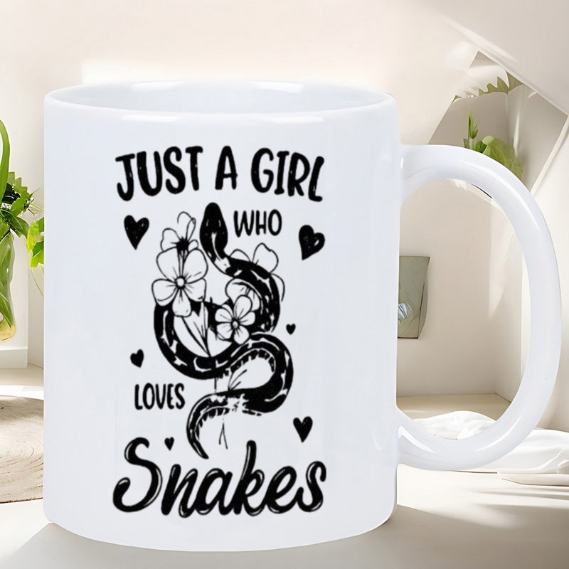 Tailorly White Ceramic 11 oz Mug - Just A Girl Who Loves Snakes Coiled Serpent Wrapped Around Delicate Floral Blossoms Surrounded By Tiny Hearts Snake