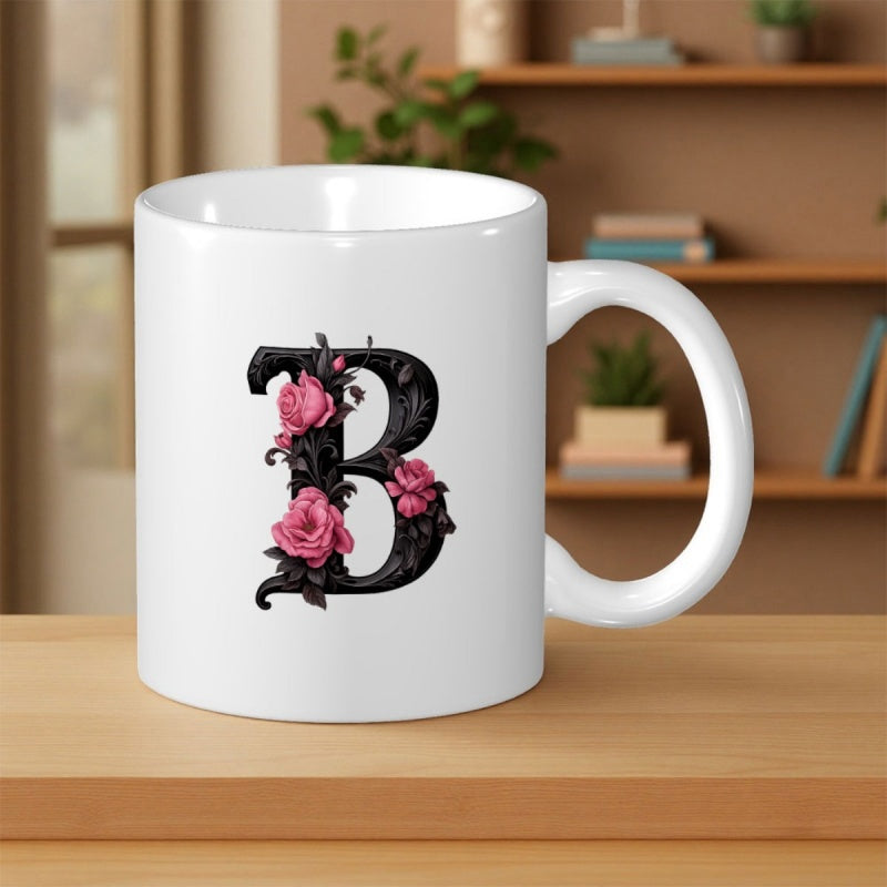 Tailorly White Ceramic 11 oz Mug - B Elegant Black Decorated With Pink Blooming Roses And Leaves Letter