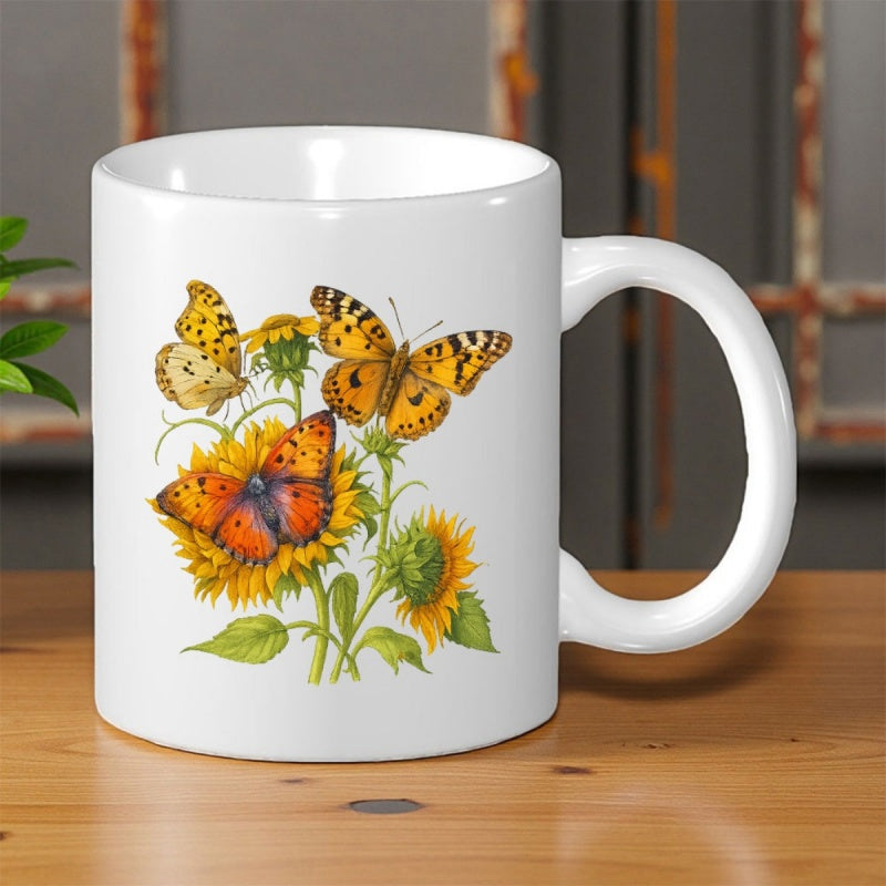 Tailorly White Ceramic 11 oz Mug - Orange Butterflies Resting On Vibrant Yellow Sunflowers In A Sunny Garden Butterfly