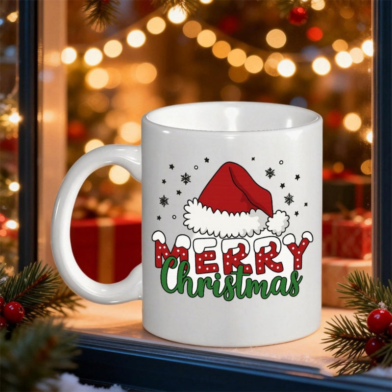 Tailorly White Ceramic 11 oz Mug - Merry Christmas Festive Red Snowflakes And Polka Dots Pattern Decorated Santa Hat