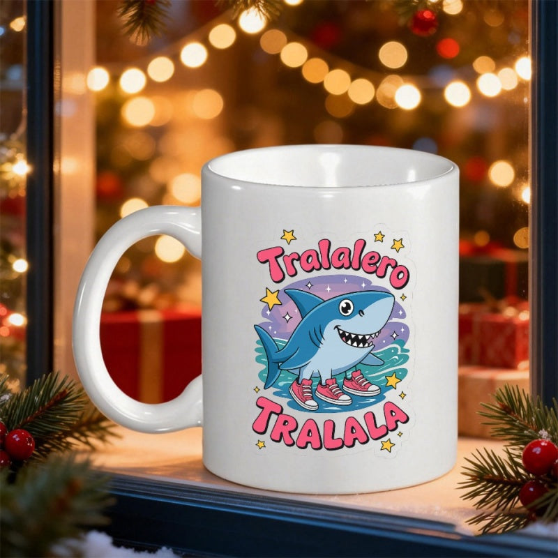 Tailorly White Ceramic 11 oz Mug - Tralalero Tralala Cute Cartoon Blue Shark Wearing Red Sneakers Swimming Among Golden Stars Shark