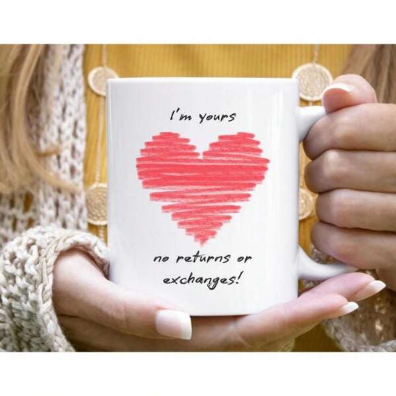 Tailorly White Ceramic 11 oz Mug - Im Yours No Returns Or Exchanges Hand Drawn Red Scribble Pattern With Minimalist Romantic Style Heart