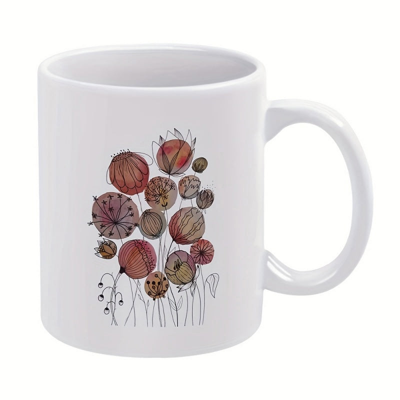 Tailorly White Ceramic 11 oz Mug - Artistic Seed Pods Blooming With Delicate Line Art Stems Earthy Tones Flower