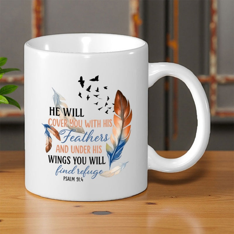 Tailorly White Ceramic 11 oz Mug - He Will Cover You With His Feathers And Under His Wings You Will Find Refuge Psalm 91:4 Graceful Silhouettes Of Flying Birds