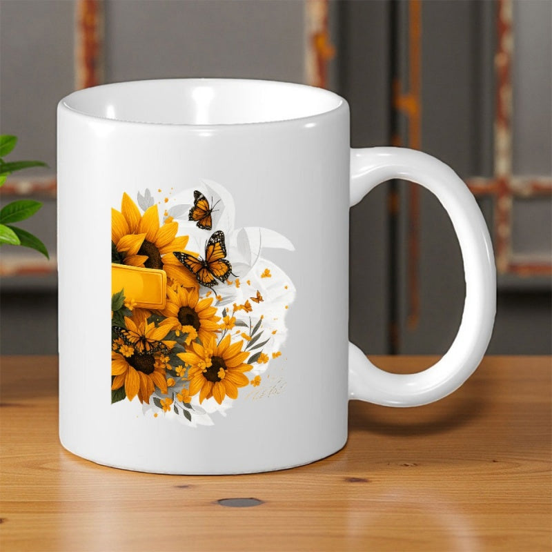 Tailorly White Ceramic 11 oz Mug - Vibrant Yellow Sunflowers With Graceful Monarch Butterflies Among Elegant Floral Petals Sunflower