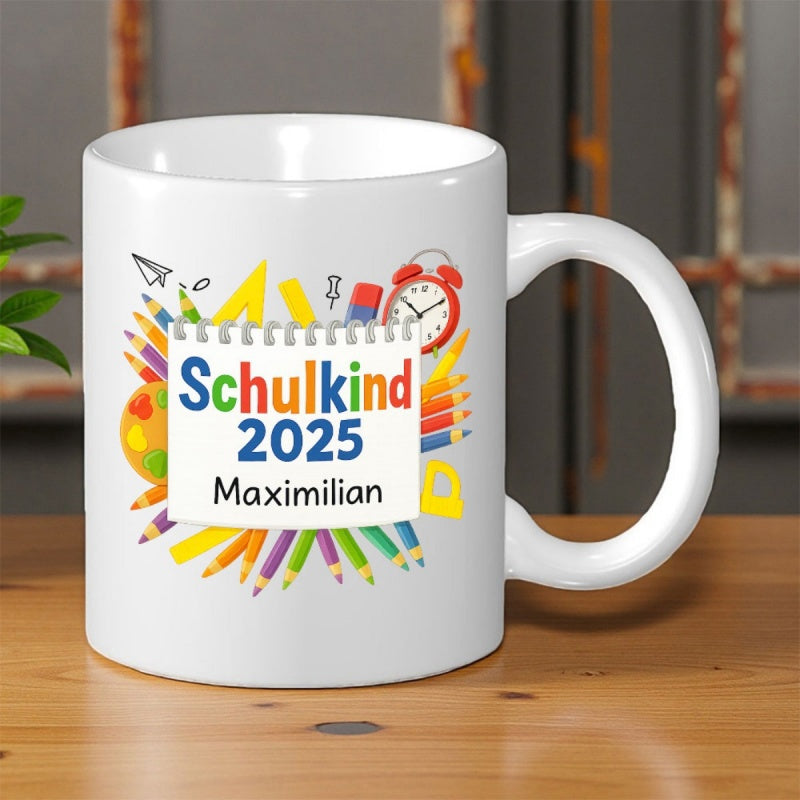 Tailorly White Ceramic 11 oz Mug - Vibrant School Supplies Surrounded By Pencils And A Small Red Clock Mug