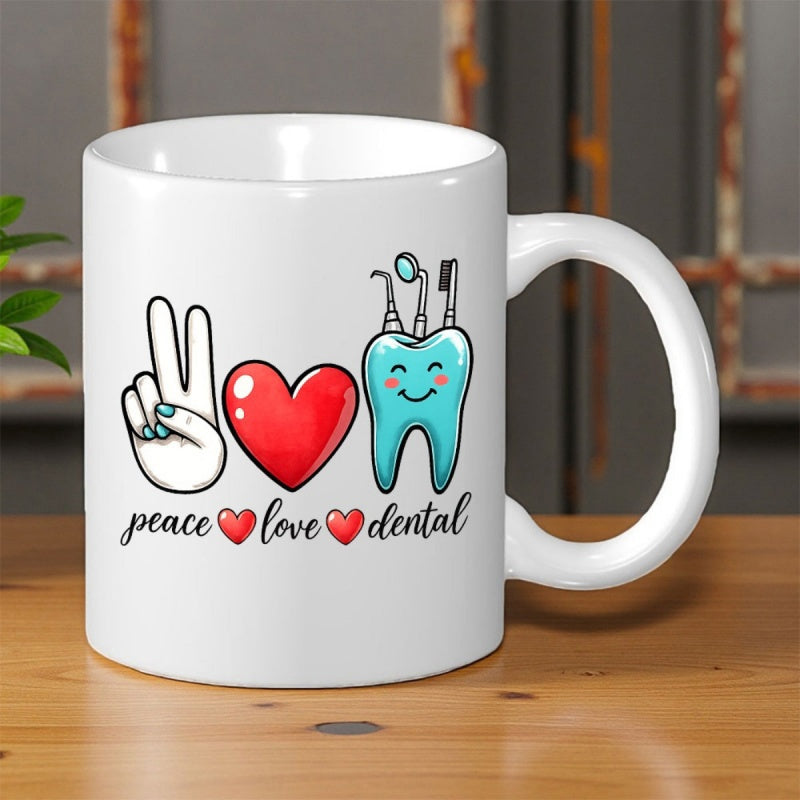 Tailorly White Ceramic 11 oz Mug - Peace Love Dental Cute Smiling Blue Character With Dental Tools And Shiny Heart Tooth