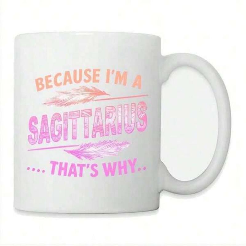 Tailorly White Ceramic 11 oz Mug - Because I'm A Sagittarius That's Why Graceful Pink Feathers Accompanying Bold Colorful Lettering On Mug