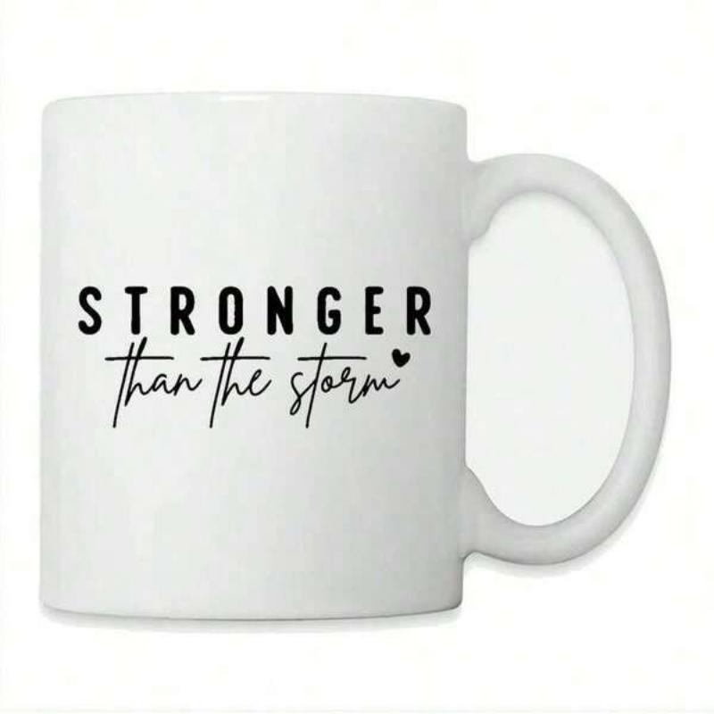 Tailorly White Ceramic 11 oz Mug - Stronger Than The Storm Minimalist Bold Typography With Elegant Script And Small Black Heart Sign