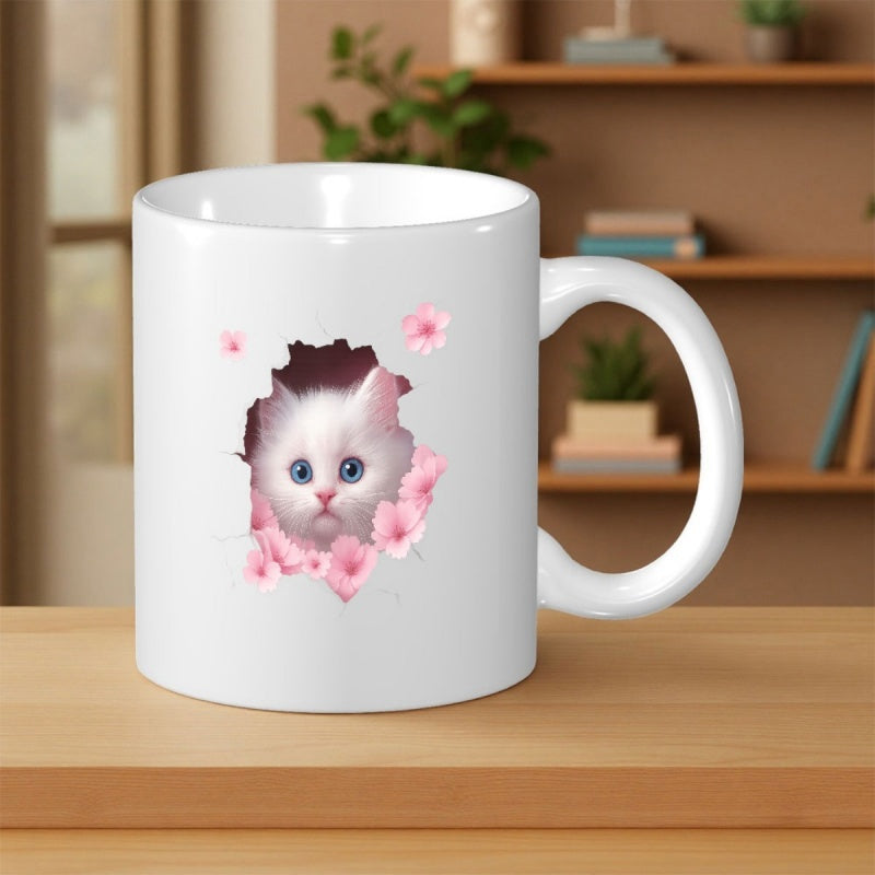 Tailorly White Ceramic 11 oz Mug - Adorable White Fluffy Kitten Peeking Through Hole Surrounded By Blossoms Cat